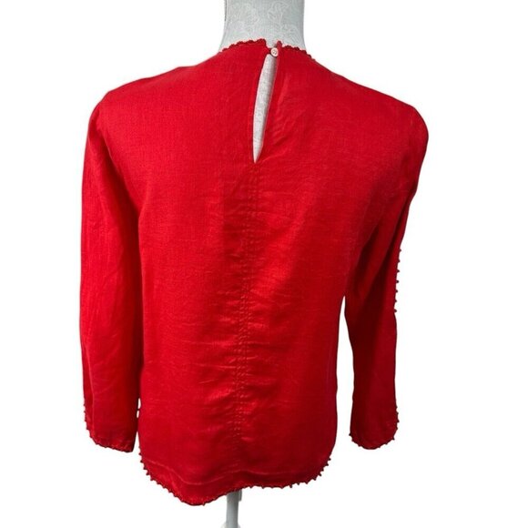 J.Crew Women's 6 Popover Blouse Orange Red 100% Linen Crochet & Fringe Detail - Picture 2 of 14
